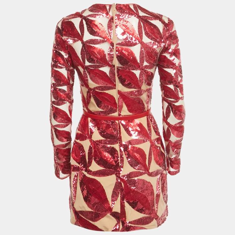 Pre Owned Elie Saab Red Sequin Embellished Tulle Diana Mini Dress XS