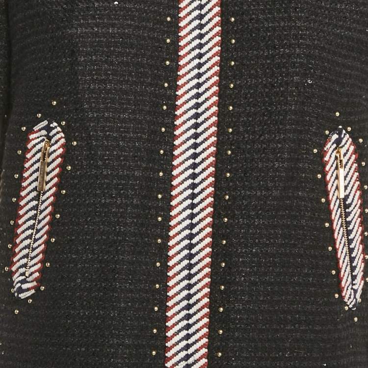 Pre Owned Elie Saab Black Sequin Tweed Embroidered Detail Midi Dress M