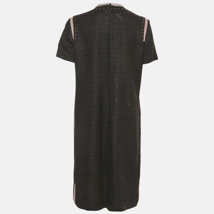 Pre Owned Elie Saab Black Sequin Tweed Embroidered Detail Midi Dress M