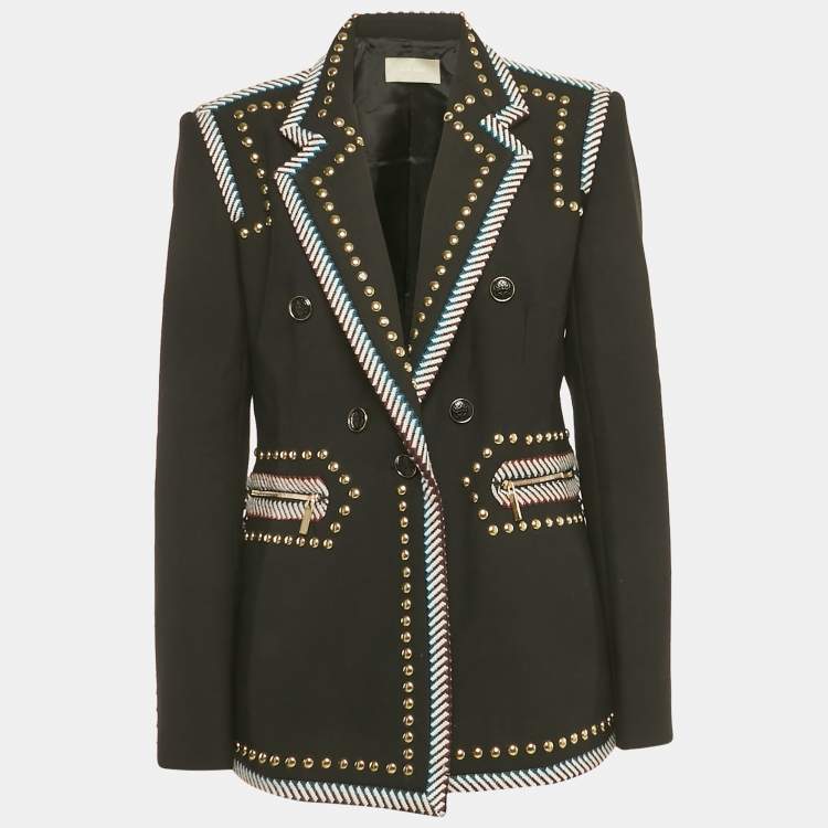 Pre Owned Elie Saab Black Studded Contrast Trim Crepe Blend Blazer L