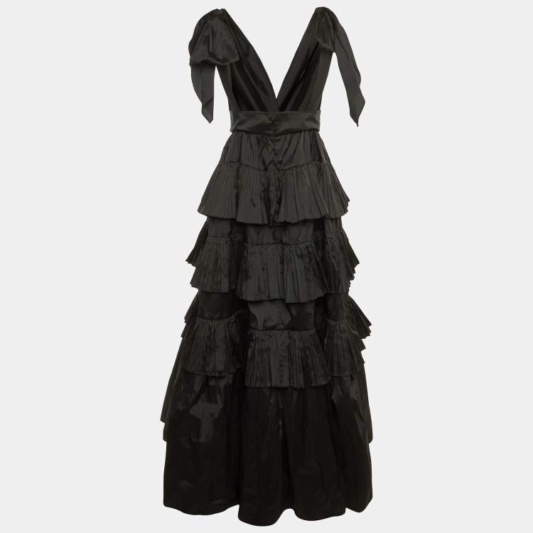 Pre Owned Elie Saab Black Satin Tiered Ruffle Bow Tie Strap Gown M