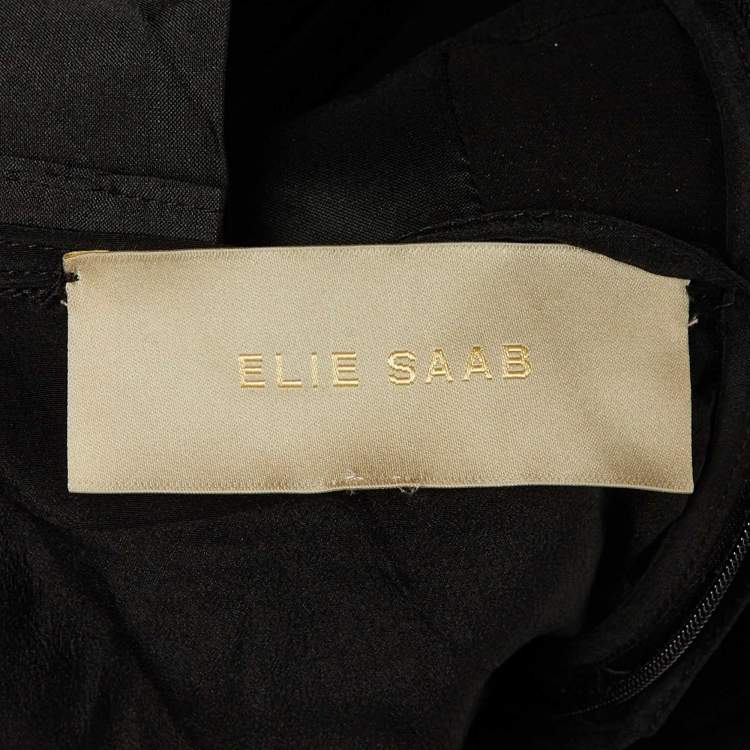 Pre Owned Elie Saab Black Satin Tiered Ruffle Bow Tie Strap Gown M