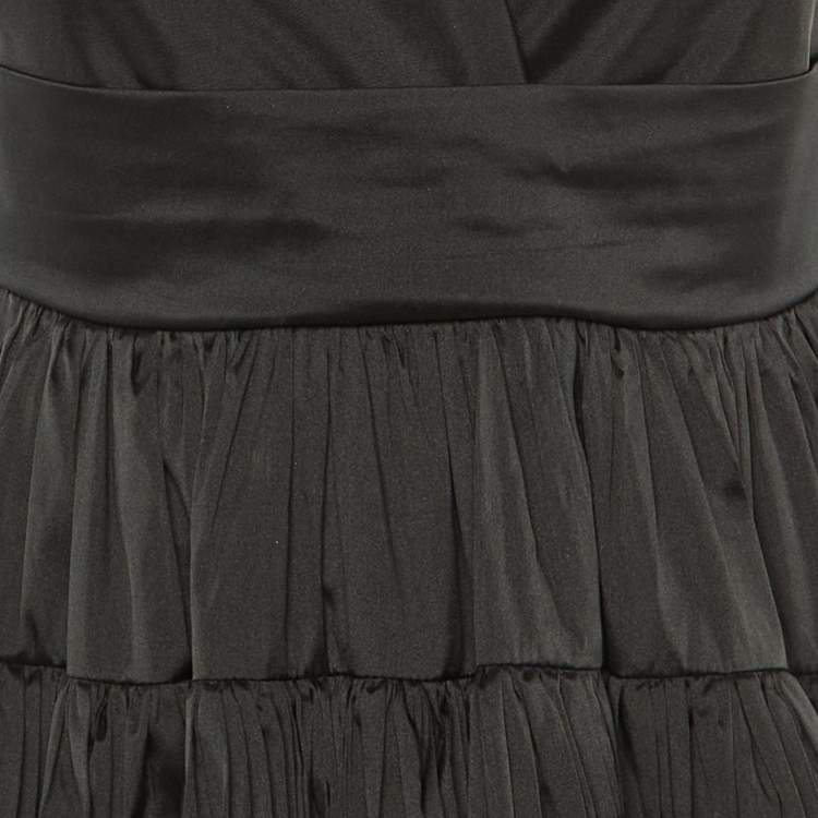 Pre Owned Elie Saab Black Satin Tiered Ruffle Bow Tie Strap Gown M