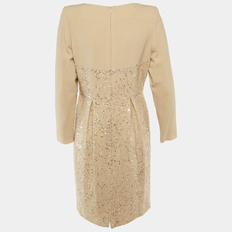 Pre Owned Elie Saab Beige Silk & Wool Embellished Knee Length Dress M