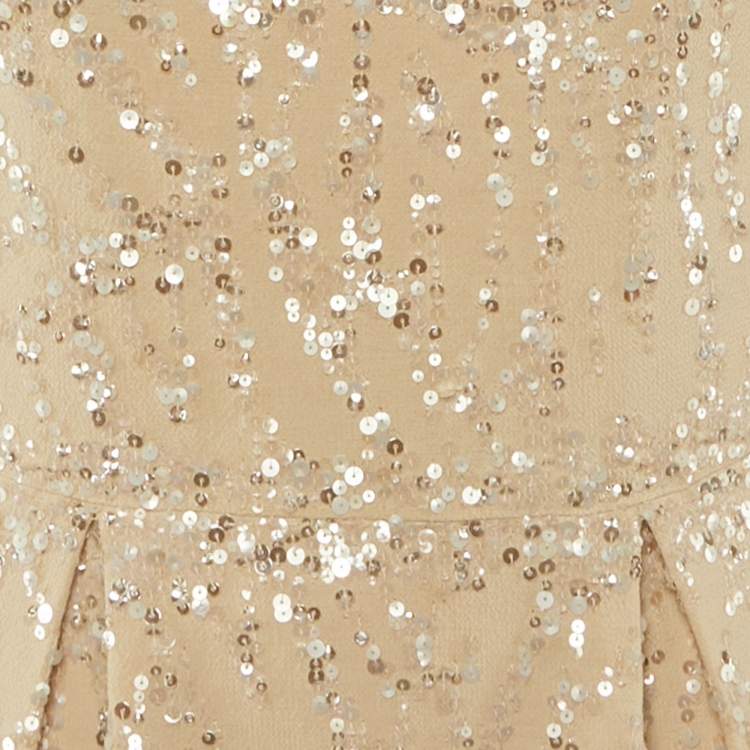 Pre Owned Elie Saab Beige Silk & Wool Embellished Knee Length Dress M