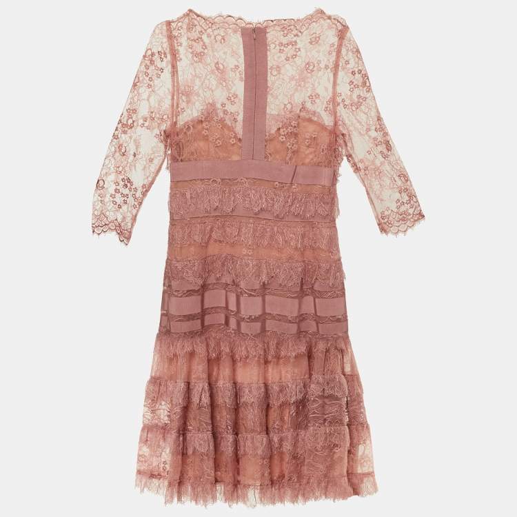 Pre Owned Elie Saab Pink Lace Ruffled Knee Length Dress M