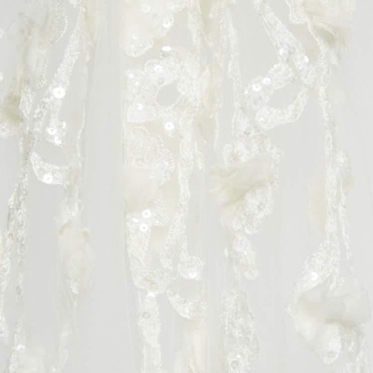 Pre Owned Elie By Elie Saab White Floral Embroidered Tulle Wedding Gown M