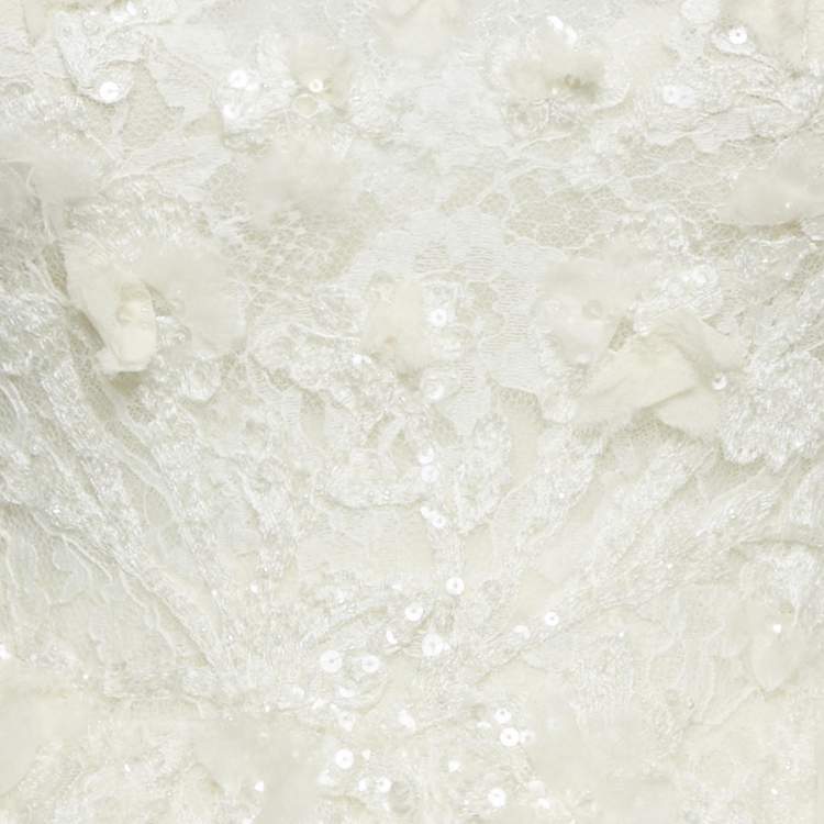 Pre Owned Elie By Elie Saab White Floral Embroidered Tulle Wedding Gown M