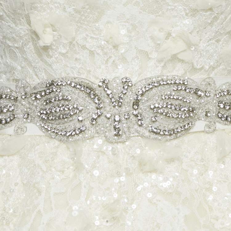 Pre Owned Elie By Elie Saab White Floral Embroidered Tulle Wedding Gown M