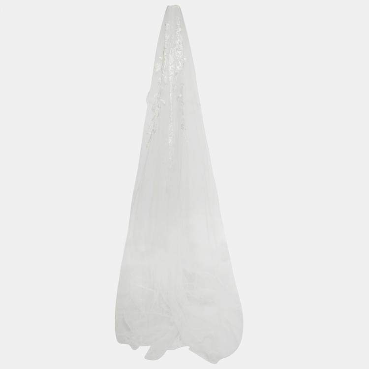 Pre Owned Elie By Elie Saab White Floral Embroidered Tulle Wedding Gown M