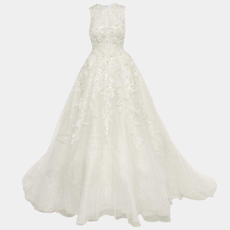 Pre Owned Elie By Elie Saab White Floral Embroidered Tulle Wedding Gown M
