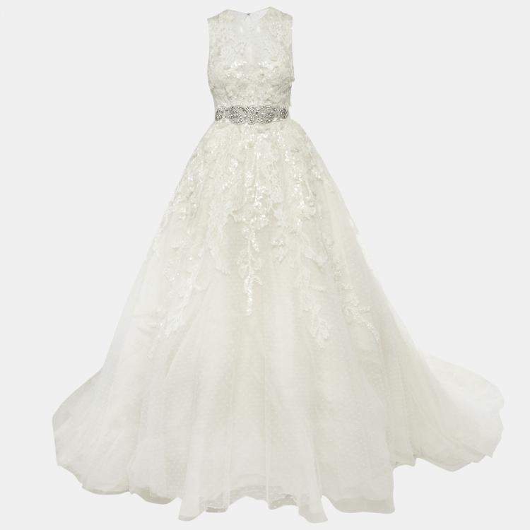 Pre Owned Elie By Elie Saab White Floral Embroidered Tulle Wedding Gown M