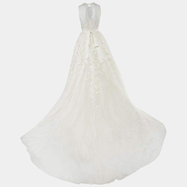 Pre Owned Elie By Elie Saab White Floral Embroidered Tulle Wedding Gown M