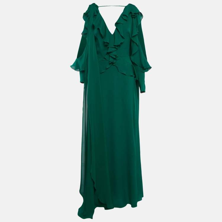 Pre Owned Elie Saab Green Silk Ruffled Maxi Dress S