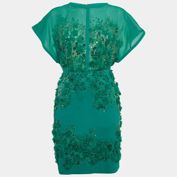 Pre Owned Elie Saab Green Embellished Detail Crepe & Silk Mini Dress XS