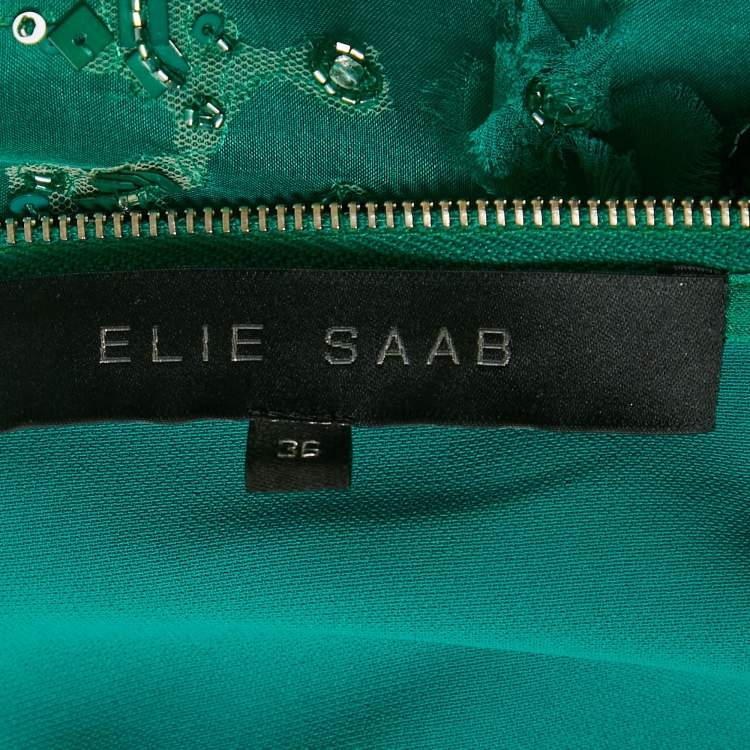 Pre Owned Elie Saab Green Embellished Detail Crepe & Silk Mini Dress XS