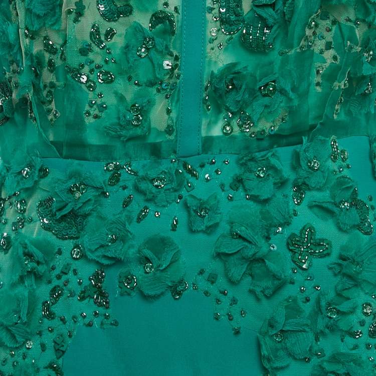 Pre Owned Elie Saab Green Embellished Detail Crepe & Silk Mini Dress XS