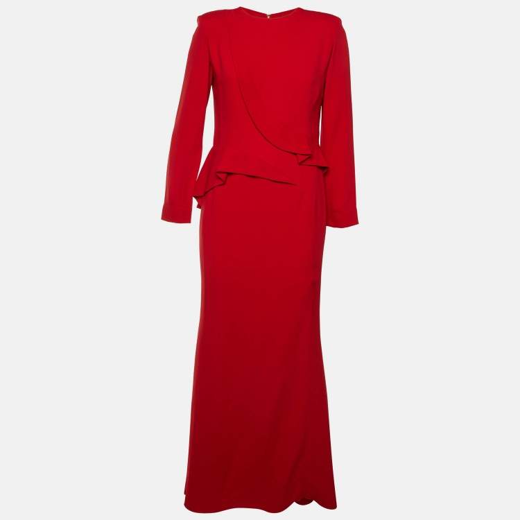 مملوكة مسبقًا Elie Saab Red Crepe Ruffle Detail Maxi Dress M