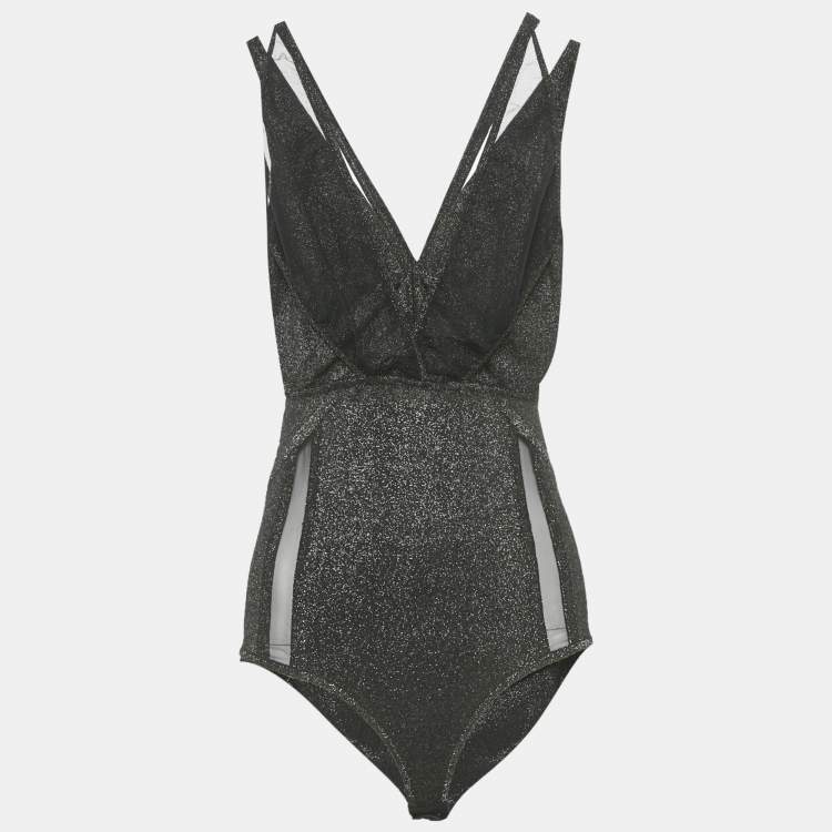 Pre Owned Elie Saab Black Lurex Jersey & Tulle Trim Bodysuit S