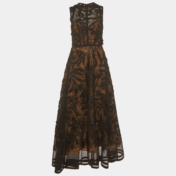 Pre Owned Elie Saab Black Lace Embroidered Flared Maxi Dress S