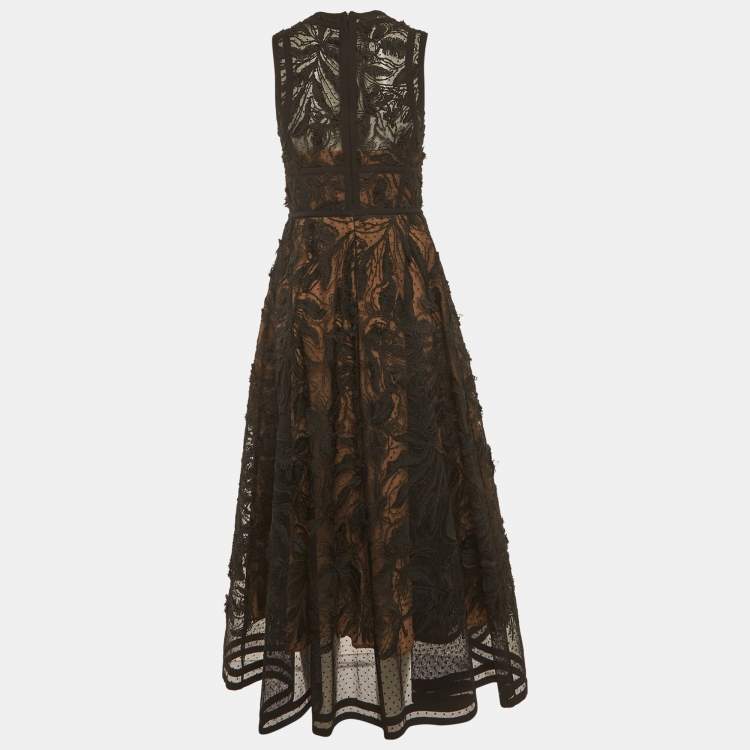 Pre Owned Elie Saab Black Lace Embroidered Flared Maxi Dress S