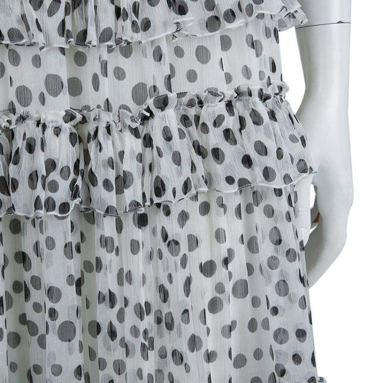 Pre Owned Elie Saab White Lace Detail Polka Dotted Tiered Sleeveless Gown M