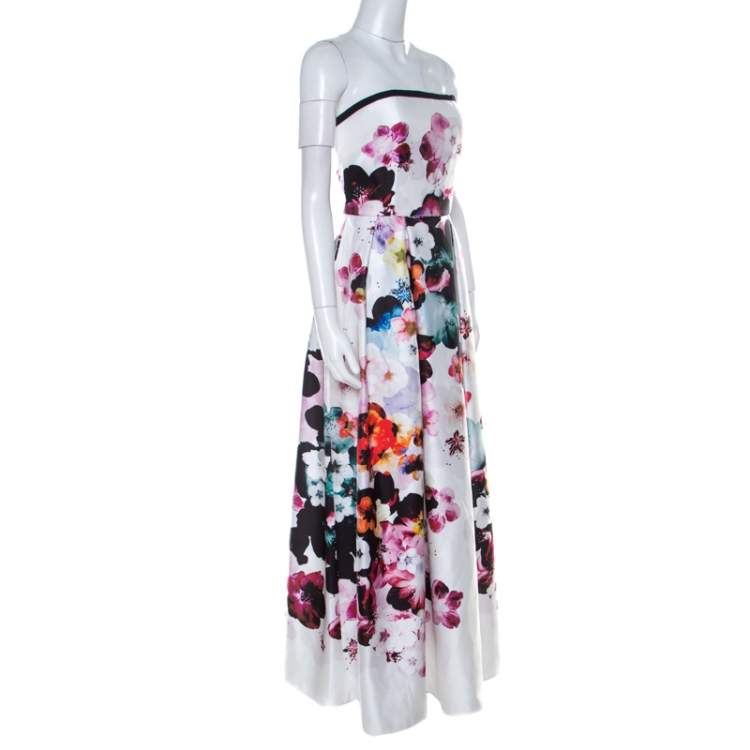 Pre Owned Elie Saab White Floral Printed Silk Satin Strapless Evening Gown S 