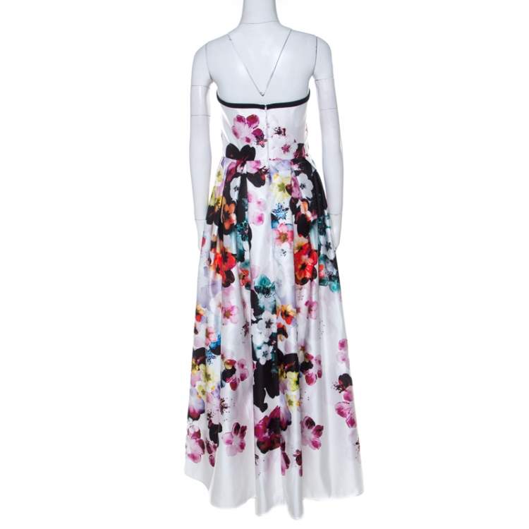 Pre Owned Elie Saab White Floral Printed Silk Satin Strapless Evening Gown S 