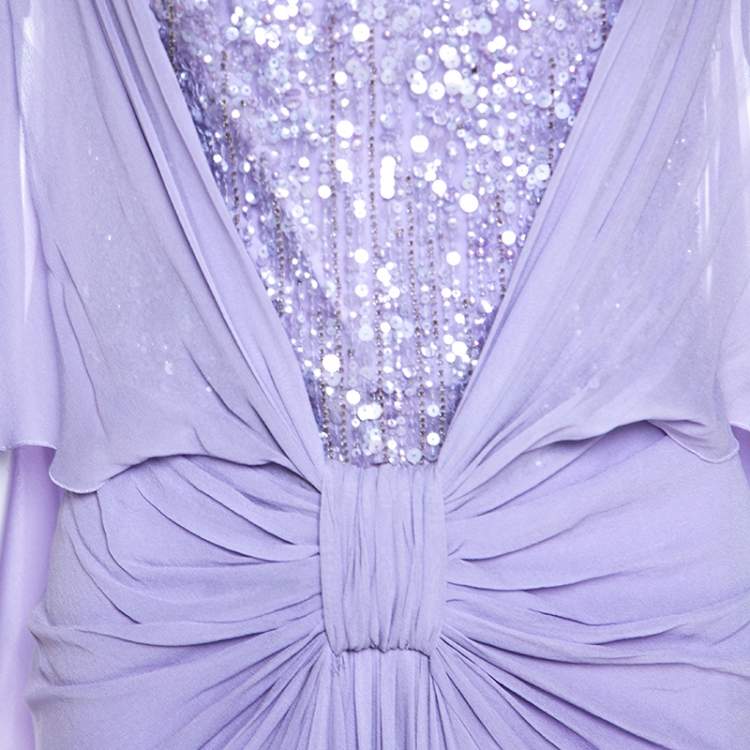 Pre Owned Elie Saab Lilac Silk Cape Sleeve Gathered Detail Evening Gown S