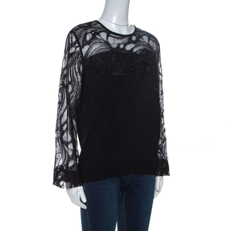 Pre Owned Elie Saab Black Knit Lace Trim Detail Top M