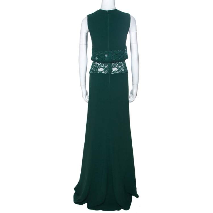 Pre Owned Elie Saab Green Crepe Lace Insert Sleeveless Maxi Dress XS