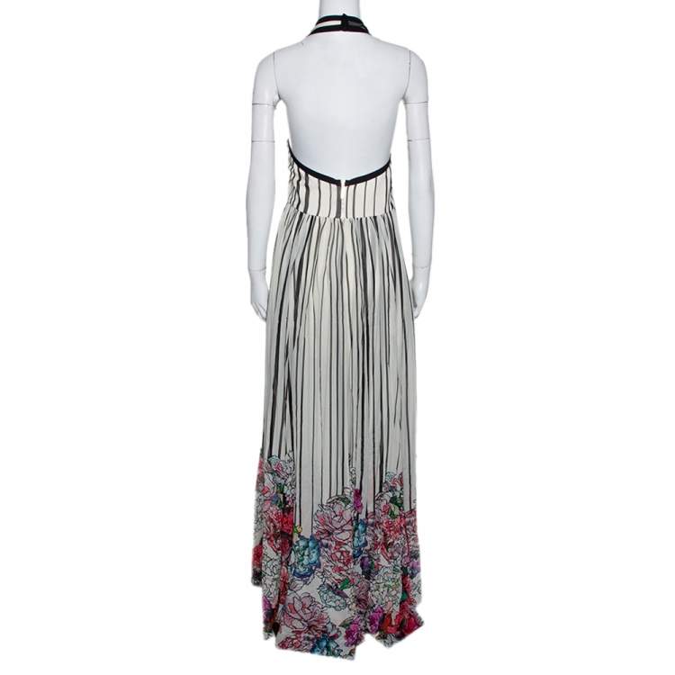 Pre Owned Elie Saab Monochrome Striped Silk Floral Print Halter Maxi Dress M
