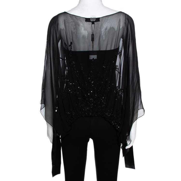 Pre Owned Elie Saab Black Silk Sequin Embellished Sheer Kaftan Top L