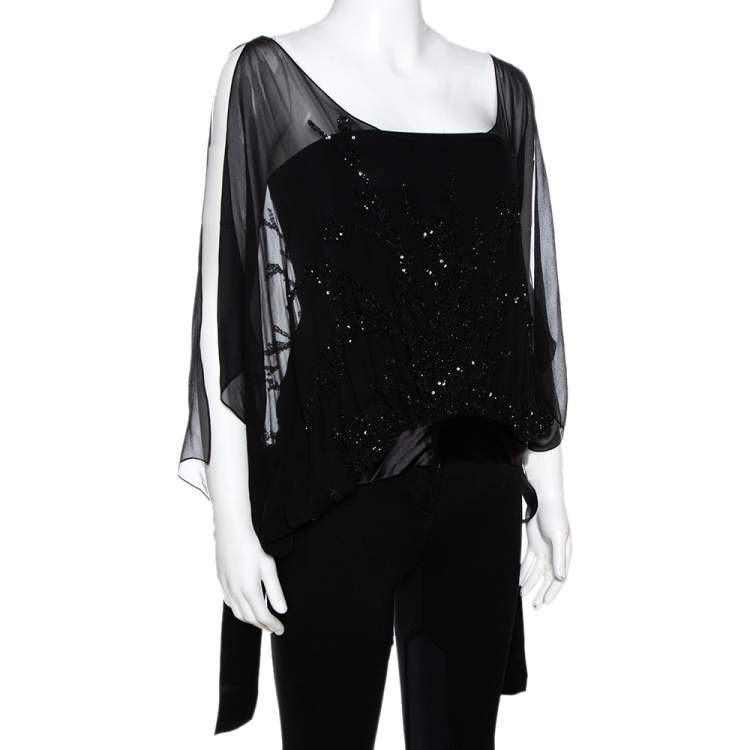 Elie Saab Black Silk Sequin Embellished Sheer Kaftan Top L Elie Saab TLC