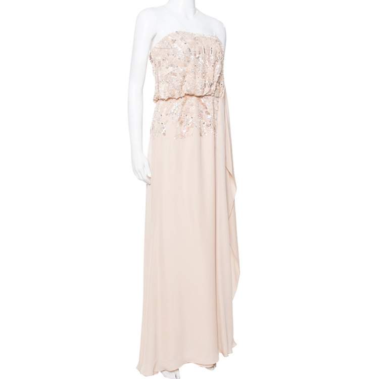 Pre Owned Elie Saab Cream Silk Embellished Draped Strapless Dress S
