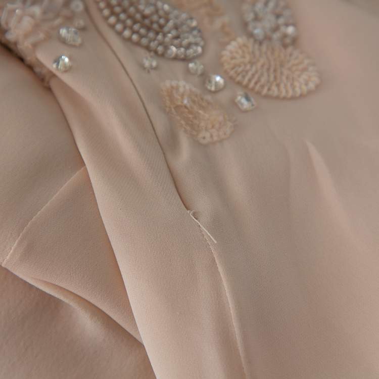 Pre Owned Elie Saab Cream Silk Embellished Draped Strapless Dress S