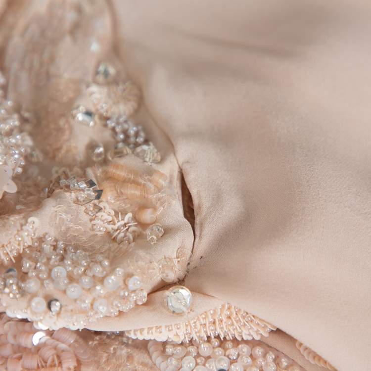 Pre Owned Elie Saab Cream Silk Embellished Draped Strapless Dress S