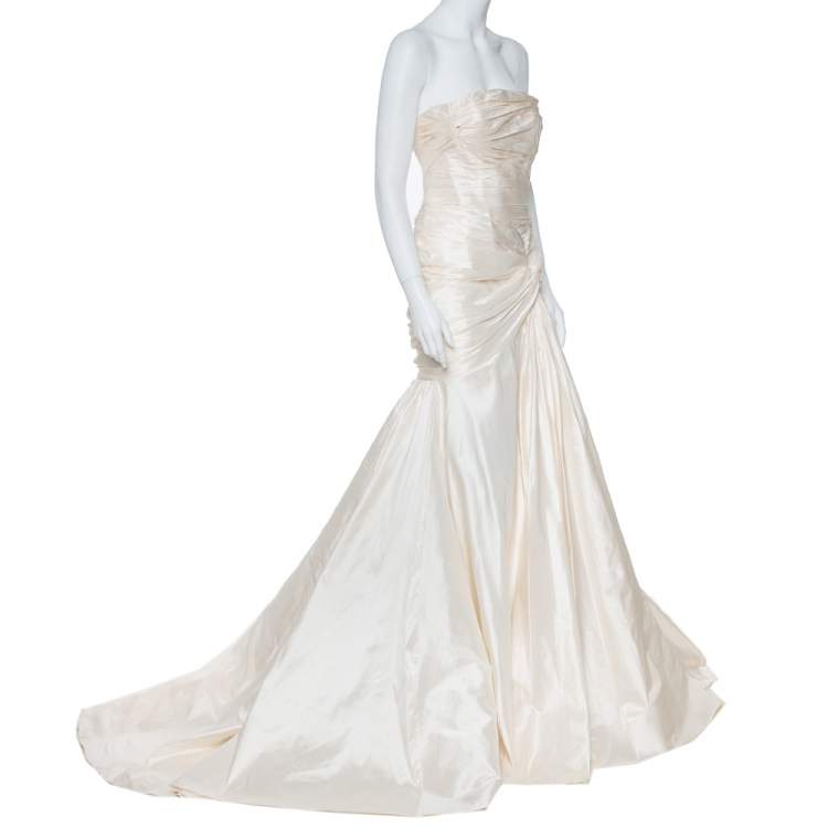 Pre Owned Elie Saab Cream Silk Strapless Wedding Gown M