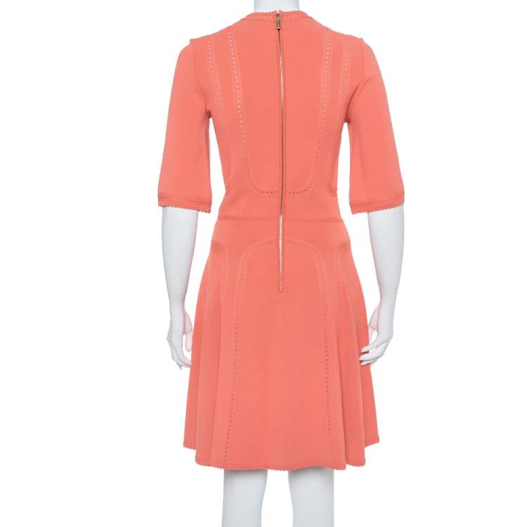 Pre Owned Elie Saab Salmon Pink Knit Scalloped Flared Midi Dress S