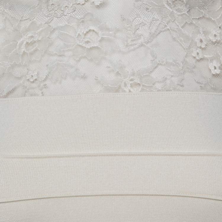 Pre Owned Elie Saab Cream Knit Lace Trim Detail Fit & Flare Dress S 