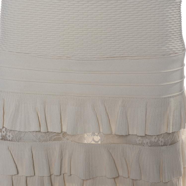 Pre Owned Elie Saab Cream Knit Lace Trim Detail Fit & Flare Dress S 