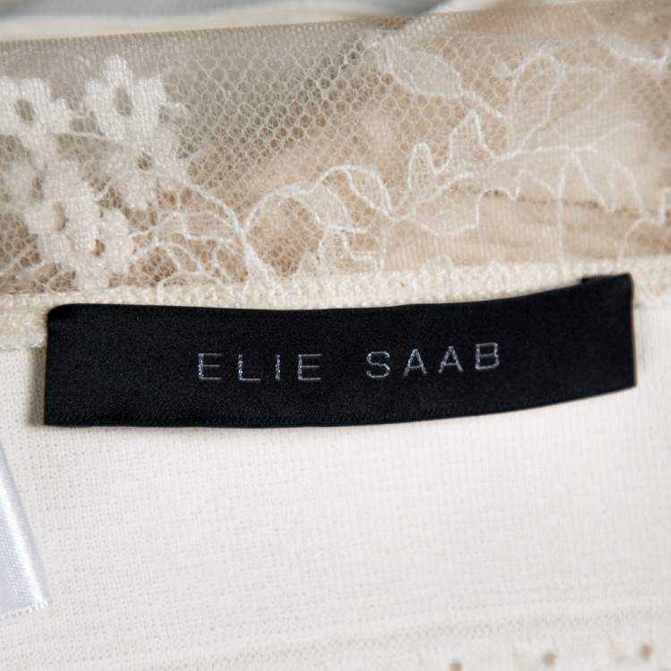 Pre Owned Elie Saab Cream Knit Lace Trim Detail Fit & Flare Dress S 