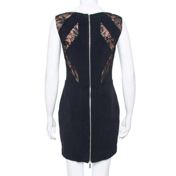 Pre Owned Elie Saab Black Crepe Lace Detail Sheath Dress S