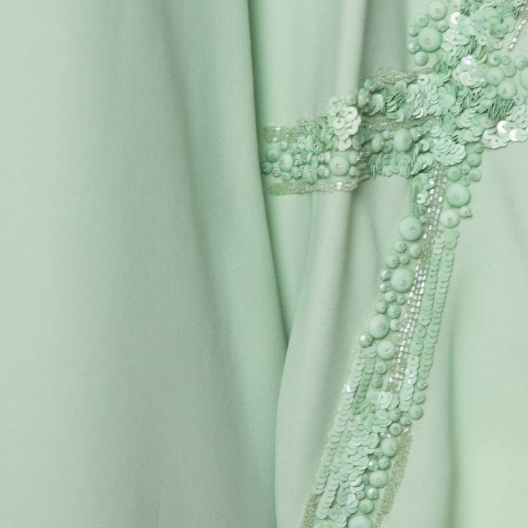 Pre Owned Elie Saab Mint Green Crepe Sequin Embellished Wide Sleeve Detail Top M