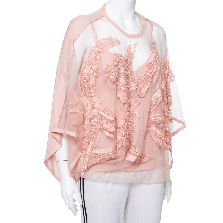 Pre Owned Elie Saab Pale Pink Semi-Sheer Sequin Embellished Oversized Top XS