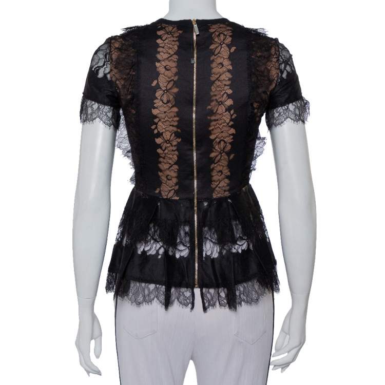Pre Owned Elie Saab Black Lace Short Sleeve Peplum Top XS