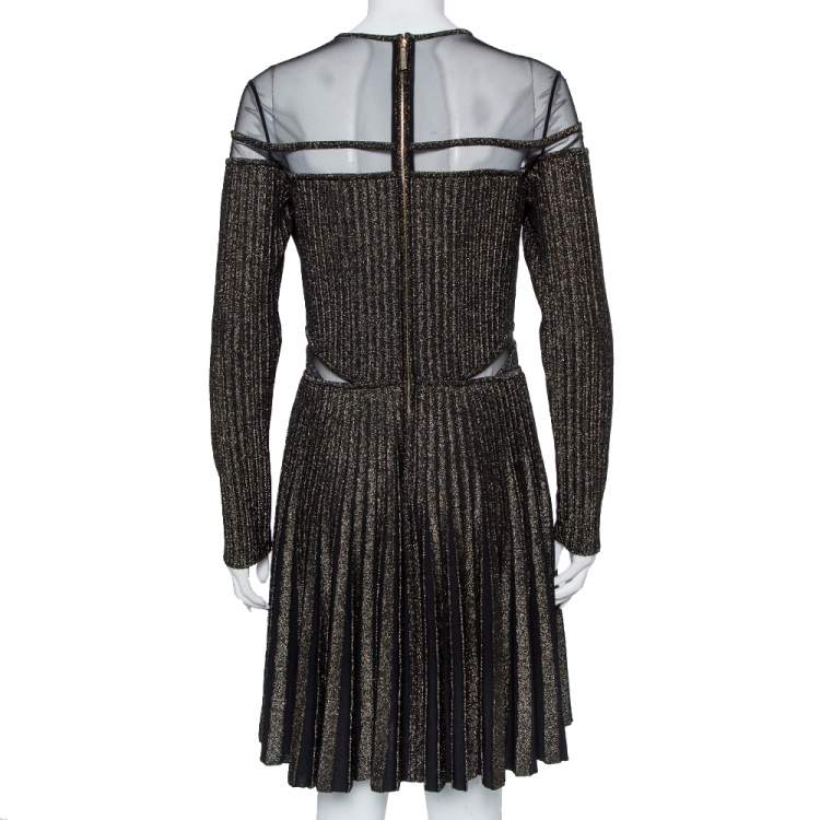 Pre Owned Elie Saab Black Lurex Knit & Tulle Paneled Flared Mini Dress M    