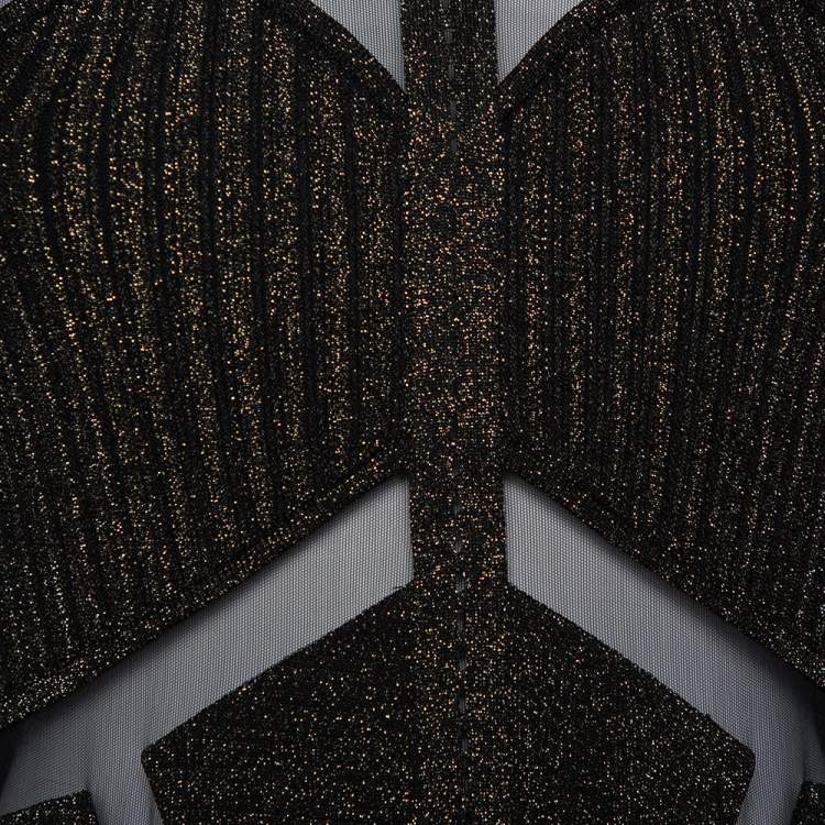 Pre Owned Elie Saab Black Lurex Knit & Tulle Paneled Flared Mini Dress M    