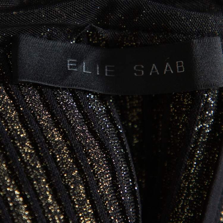 Pre Owned Elie Saab Black Lurex Knit & Tulle Paneled Flared Mini Dress M    
