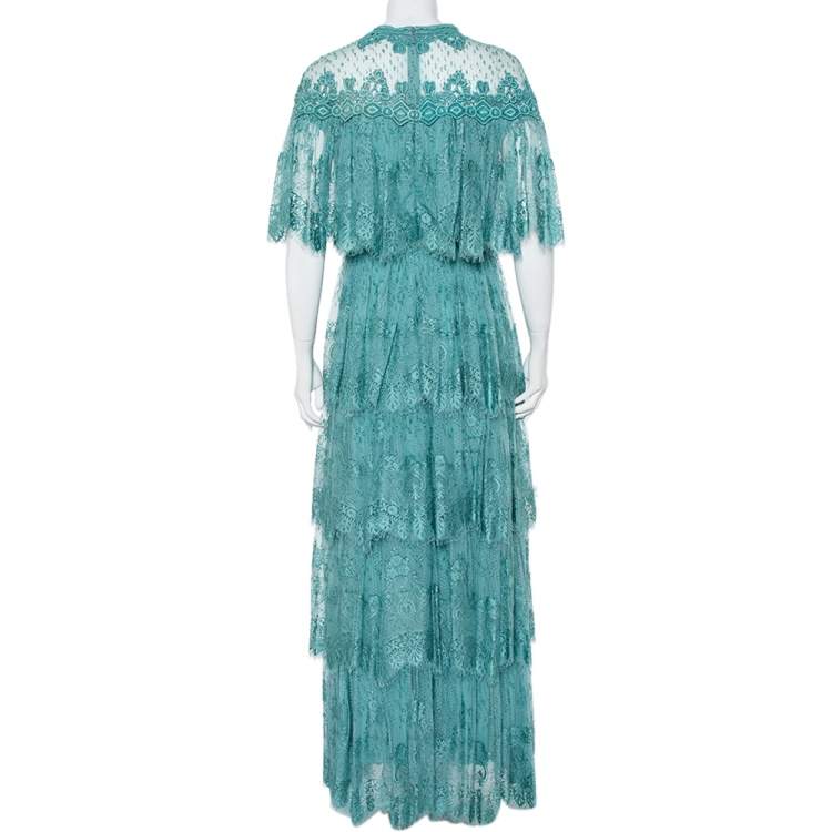 Pre Owned Elie Saab Turquoise Blue Embroidered Lace Overlay Detail Tiered Maxi Dress M